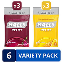Load image into Gallery viewer, HALLS Relief Variety Pack Honey Lemon and Black Cherry Sugar Free Cough Drops, 6 Packs of 25 Drops (150 Total Drops)
