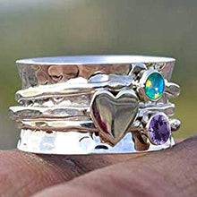 Load image into Gallery viewer, Amethyst and Moonstone Spinner Ring, 925 Sterling Silver Heart Designer Ring, Wide Band Ring, Hammered Meditation Ring (OPTIONS AVAILABLE FOR GEMSTONE &amp; HEART)
