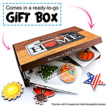 Load image into Gallery viewer, Bigtime Signs Welcome to Our Home - Wood Grain Print Door &amp; Wall Decor - 8 Interchangeable Holiday Magnets Halloween, Easter, Fall, Christmas, Valentines - Front Porch Hanging Plaque Decoration Black
