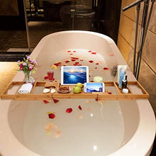 Load image into Gallery viewer, Hossejoy Bathtub Caddy Tray&amp; Laptop Desk with Foldable Legs, 2 in 1 Wisdom Design – Luxurious Bathtub Caddy with Extending Sides, Tablet Holder, Reading Rack,Cellphone Tray and Wine Glass Holder
