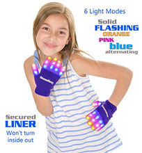 Load image into Gallery viewer, The Noodley Purple Small Toy Light Up Children LED Gloves Girls and Boys Funky Flashing Orange, Pink, and Blue - Kid Sized Ages 4,5,6,7 Year olds (Small, Purple)
