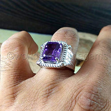 Load image into Gallery viewer, Amethyst Silver Men Ring, Solid 925K Sterling Silver, Faceted Square, Natural, Handmade Jewelry, Rope Design, Four Prong Design, Men's Amethyst Ring, Gift For Him, Good Friday Gift, Size 4-13
