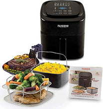 Load image into Gallery viewer, NUWAVE BRIO 6-Quart Digital Air Fryer cooking package with one-touch digital controls, 6 easy presets, precise temperature control, recipe book, basket divider, wattage control, and advanced functions like PREHEAT, REHEAT and more, also includes grill pan
