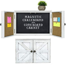 Load image into Gallery viewer, Wooden Rustic Magnetic Chalkboard: 12" x 17" Wall Mounted Entryway Cabinet Includes Cork Board and Erasable Chalk Board Organizer Display Shelf and Key Hooks (White)

