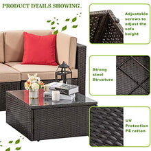 Load image into Gallery viewer, Vongrasig 5 Piece Patio Furniture Sets, All-Weather Brown PE Wicker Outdoor Couch Sectional Patio Set, Small Patio Conversation Set Garden Patio Sofa Set w/Ottoman, Glass Table, Red Pillow, Beige
