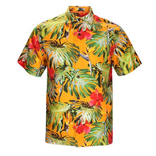 Load image into Gallery viewer, Havana Breeze Men's Relaxed-Fit 100% Linen Shirt Orange and Banana Leaf M
