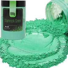 Load image into Gallery viewer, FIREDOTS Shamrock Green Mica Powder for Resin - Cosmetic Grade Epoxy Resin Color Pigment Sparkly Mica Powder for Soap Making, Candle Making, Resin Art, and Cosmetics, 100 Grams in Reusable Jar
