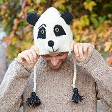 Load image into Gallery viewer, Hand Knitted Woolly Hat | Panda | Fun Wool Knit Fleece Lined Animal Hat for Men and Women | One Size Fits All | Wooly Winter Cap with Ear Warmers and Tassels
