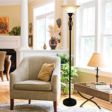 Load image into Gallery viewer, Floor Lamp for Living Room Decor by Light Accents - Tall Floor Lamp Bed Room Decor - Traditional Iron Scrollwork Standing Lamp Pole Light with Alabaster Glass Bowl Shade – 70" Tall- (Bronze)
