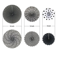 Load image into Gallery viewer, Party Hanging Paper Fans Set, Black Round Pattern Paper Garlands Decoration for Birthday Wedding Graduation Events Accessories, Set of 6
