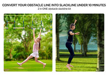 Load image into Gallery viewer, Ninja Warrior Obstacle Course for Kids Slackline kit with 8 Adjustable Obstacles Twin Gear Ratchet for Extra Safety Great Slack line Training Equipment of Length 40
