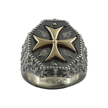 Load image into Gallery viewer, Knights Templar Maltese Cross Mens Ring Fleur De Lis Silver 925 and 10K Gold Masonic Jewelry
