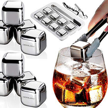 Load image into Gallery viewer, DERGUAM 8 Packs Fast-cooling 304 Stainless Steel Ice Cubes Whiskey Stones Whiskey Rocks With Nonslip Ice Tong&amp;Wine Opener&amp;Freezer Storage Tray Great for Whiskey,Wine,Beer,Juice or Soda
