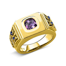 Load image into Gallery viewer, Gem Stone King 1.76 Ct Cushion Checkerboard Purple Amethyst Blue Created Sapphire 18K Yellow Gold Plated Silver Men's Ring (Size 10)
