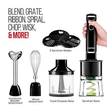 Load image into Gallery viewer, Chefman Electric Spiralizer &amp; Immersion Blender/Vegetable Slicer 6-IN-1 Food Prep Combo Kit, Includes 3 Spiralizing Blade Attachments, Zoodle Maker; Grate, Ribbon, Spiral, Blend, Chop, and Puree,Black
