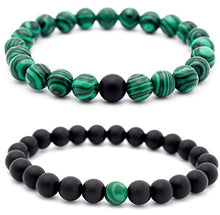 Load image into Gallery viewer, Set of 2 Womens Mens 8mm Handmade Couples Distance Beads Bracelets Friendship Couple Jewelry Round Energy Stone Beads Gemstone Beaded for Valentine Birthday (Malachite Stone &amp; Black Matte Agate)
