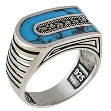 Load image into Gallery viewer, Solid 925 Sterling Silver Turkish Handmade Marcasite &amp; Simulated Turquoise Luxury Men's Ring (8)
