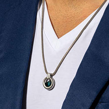 Load image into Gallery viewer, Peora London Blue Topaz Amulet Pendant Necklace for Men in Sterling Silver, 4 Carats Half Moon Shape, Brushed Finished, with 22-Inch Italian Chain
