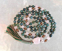 Load image into Gallery viewer, Energized Natural 108 Moss Agate Mala Beads Necklace, 8 mm Bracelet, Dark Green Moss Agate, Mala Bead, Stretch Bracelet, Heart Chakra, Hand Knotted Wrap Mala (Knotted Moss Agate &amp; Rose Quartz Mala)
