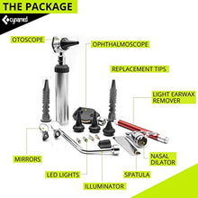 Load image into Gallery viewer, CynaMed ENT Diagnostic Kit - Ear, Nose, Throat Examination Instruments Set - Otoscope, Opthalmoscope, Earwax Remover, Nasal Dilator, Speculum, LED Lights, Mirrors, Replacement Tips, Leather Carry Bag

