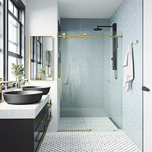 Load image into Gallery viewer, VIGO VG6021MGCL6076 3.0"L -60.0"W -76.0"H Elan Frameless Sliding Rectangle Shower Door with Clear Tempered Glass and Stainless Steel Hardware in Matte Gold Finish with Reversible Handle
