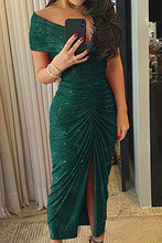 Load image into Gallery viewer, Ouregrace Womens Off Shoulder Sequin Sparkle Ruched Front Slit Bodycon Dress Evening Party Cocktail Gown S-XL (Green, (US 8-10) M)
