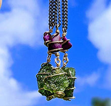 Load image into Gallery viewer, MOLDAVITE &amp; SUGILITE Pendant in Real Gold! 12 Kt Genuine Crystal 19" Necklace. Synergy 12 Tektite Metaphysical Jewelry Meteorite Wire Wrap Stone
