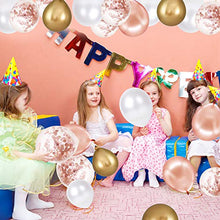 Load image into Gallery viewer, Rose Gold Confetti Latex Balloons, 60 Pack White Gold Balloon 12 inch Birthday Balloons with Gold Ribbon for Party Wedding Bridal Shower Decorations
