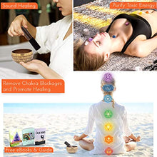 Load image into Gallery viewer, Tibetan Singing Bowl Set - Easy to Play - 7 Chakra Crystal stones with Interchangeable Cage Pendant - Handcrafted in Nepal for Meditation, Mindfulness, Yoga, and Spiritual healing - Energy Cleansing
