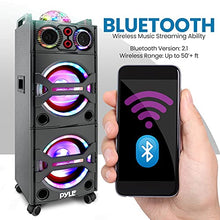 Load image into Gallery viewer, Pyle Portable Bluetooth PA Speaker System - 2000W Active powered Outdoor Bluetooth Speaker Portable PA System w/ Microphone In, Party Lights, USB SD Card Reader, AUX/RCA/FM Radio, Wheels - PSUFM1043BT
