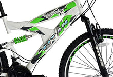 Load image into Gallery viewer, TITAN Pathfinder Elite, Green, Silver and White 26” Full Suspension Unisex MTB, high-tensile Steel Frame and Alloy Fork, V-Style Braking System, Double Wall Alloy Rims, 21 Speed Shimano Gear System.
