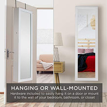 Load image into Gallery viewer, Best Choice Products Full Length Hanging Mirror Jewelry Armoire Cabinet, Makeup Storage Organizer, Wall Mounted, w/Interior Mirror, LED Lights, Lock, Cosmetics Tray, Brush Holders, 4 Shelves
