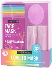 Load image into Gallery viewer, Freeman Facial Love To Mask Variety Pack: Oil Absorbing Clay, Detoxifying Charcoal, Clearing Peel Off, Hydrating Gel Cream, Exfoliating Scrub (14 Piece Kit with Bonus Buffer and Headband)
