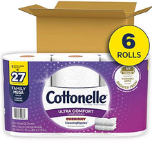 Load image into Gallery viewer, Cottonelle Ultra Comfort Toilet Paper with Cushiony CleaningRipples Texture, Strong Bath Tissue, 6 Family Mega Rolls (6 Family Mega Rolls = 27 regular rolls), 325 Sheets per Roll
