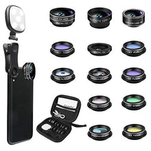 Load image into Gallery viewer, Godefa Phone Camera Lens Kit, 14 in 1 Lenses with Selfie Ring Light for iPhone Xs, Xr,8 7 6s Plus, Samsung and other Andriod Smartphone, Universal Clip on Wide angle+Macro+ Zoom Camera Lenses and More
