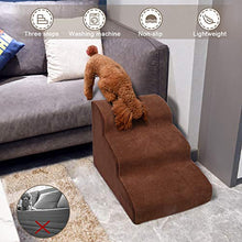 Load image into Gallery viewer, Topmart 3 Tiers Foam Dog Ramps/Steps,Non-Slip Dog Steps,Extra Wide Deep Dog Stairs,High Density Foam Pet Stairs/Ladder,Best for Older Dogs,Cats,Small Pets,with 1 Dog Rope Toy,Color Brown
