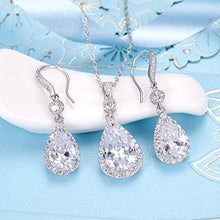 Load image into Gallery viewer, EleQueen 925 Sterling Silver Full Cubic Zirconia Teardrop Bridal Pendant Necklace Hook Dangle Earrings Sets
