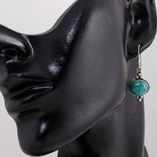Load image into Gallery viewer, 925 Sterling Silver Blue Turquoise Gemstone Indian Inspired Vintage Oval Dangle Hook Earrings 1.5"
