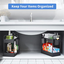 Load image into Gallery viewer, Under Sink Organizer, 2 Tier Under Sink Storage with Cleaning Brush 6 Hooks and 2 Hanging Cups, Waterproof Bathroom Organizer Under Sink for Kitchen,Bedroom,Cabinet,Cosmetics,Narrow Space

