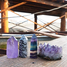 Load image into Gallery viewer, Mimosa Healing Crystal Wands,Mini Size Natural Crystal Quartz Standing Point|1-2.5'' Amethyst Crystal,Rainbow Fluorite Crystal &amp;Natural Black Tourmaline in Quartz Crystal Tower&amp;Deep Amethyst Cluster
