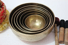 Load image into Gallery viewer, Chakra Healing Tibetan Singing Bowls Set of 7 pieces ~ Hand Hammered Himalayan Meditation Bowls ~ 5"-10" ~ included 7 Mallets, 7 cushions &amp; 1 drum stick. Handmade in Nepal by Thamelmart
