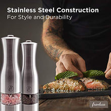 Load image into Gallery viewer, Grind'Oro Electric Salt and Pepper Grinder Set (2 Mills) Battery Operated, Stainless Steel with Light - One Touch Automatic Salt Grinder Mill Adjustable Coarseness, Franluca's Kitchen Power Shaker Set
