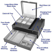 Load image into Gallery viewer, HOUNDSBAY Commander Dresser Valet Watch Box Case &amp; Mens Jewelry Box Organizer with Smartphone Charging Station (Black/Gray)
