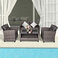 Load image into Gallery viewer, Tangkula 4 PCS Patio Wicker Conversation Furniture Set, Outdoor Rattan Sofa Set with Padded Cushion &amp; Tempered Glass Coffee Table, Wicker Sectional Sofas &amp; Table for Courtyard Balcony Garden (1, Grey)
