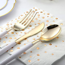 Load image into Gallery viewer, 144 PCS Disposable Gold Silverware, Plastic Flatware with White Handle, Gold Plastic Cutlery Includes: 48 Forks, 48 Knives and 48 Spoons (GOLD)
