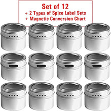 Load image into Gallery viewer, Set of 12 Magnetic Spice Tins with 12 Window-Top Sift and Pour Lids, 269 Preprinted Seasoning Label Stickers in 2 Styles for 3 oz Herb Jars
