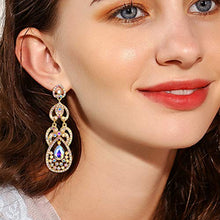 Load image into Gallery viewer, Flyonce Women's Crystal Wedding Retro Hollow Out Teardrop Chandelier Dangle Earrings Iridescent Clear AB Gold-Tone
