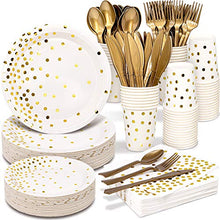 Load image into Gallery viewer, White and Gold Party Supplies 350PCS Disposable Dinnerware Set - White Paper Dinner/Dessert Plates Napkins Cups, Gold Plastic Forks Knives Spoons for Birthday Graduation Fathers Day Independence Day
