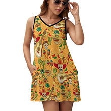 Load image into Gallery viewer, Mexican Sugar Skull Guitar Women's V-Neck Print Sleeveless Tank Top Skirt with Pockets Loose T-Shirt Skirt
