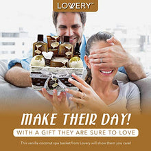 Load image into Gallery viewer, Bath and Body Gift Basket For Women and Men – 9 Piece Set of Vanilla Coconut Home Spa Set, Includes Fragrant Lotions, Extra Large Bath Bombs, Coconut Oil, Luxurious Bath Towel &amp; More
